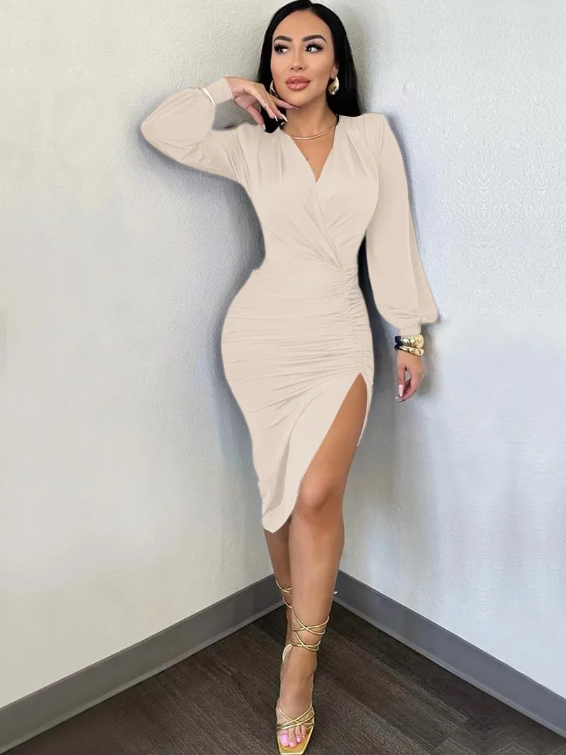Women's Plain Ruched Wrap Split Thigh Bodycon Dress