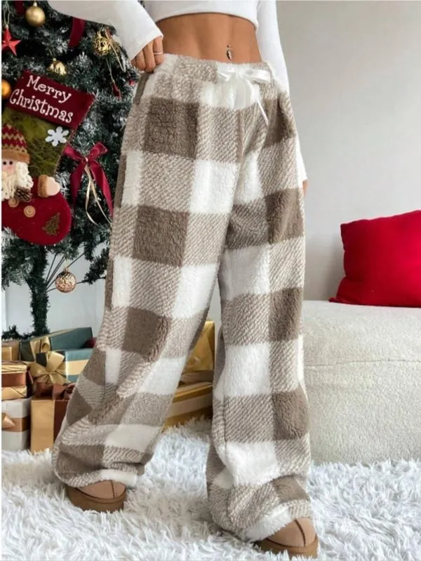 Winter New Vintage Plaid Elastic Straight Loose Thick Warm Casual Pants