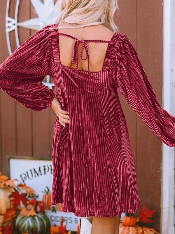 Women's Plain Bishop Sleeve Tie Back Square Neck Dress