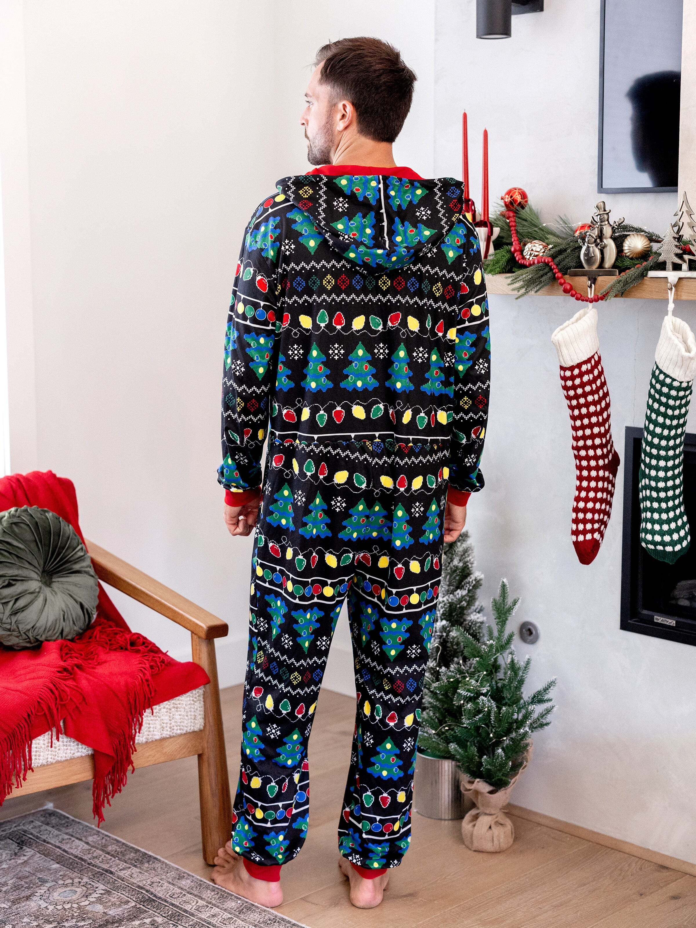 Christmas Onesies Matching Family Pajamas Set Christmas Tree Print PJS with Christmas Socks Black