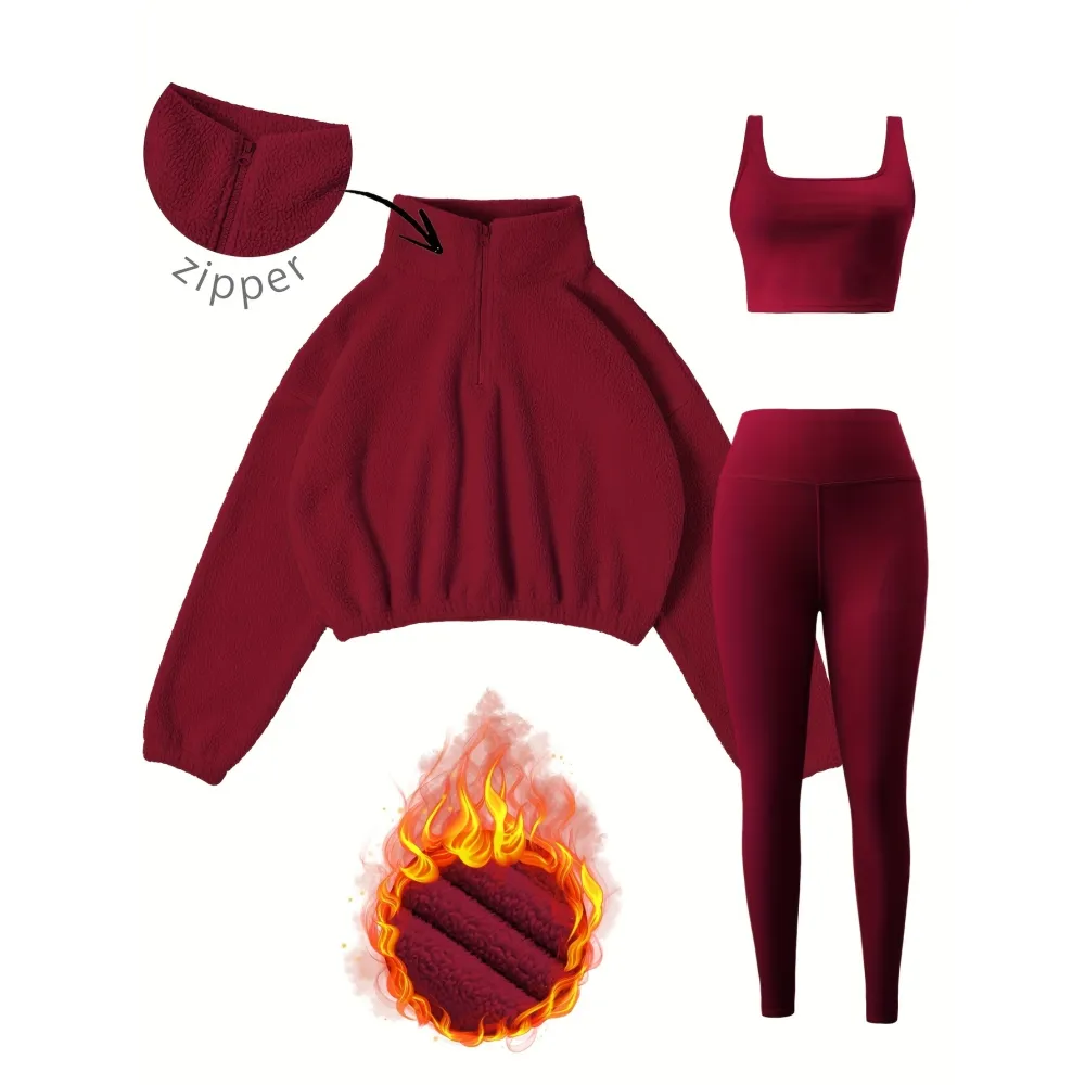 Women's 3-Piece Workout Set (Half-Zip Top, Bra, Yoga Pants)