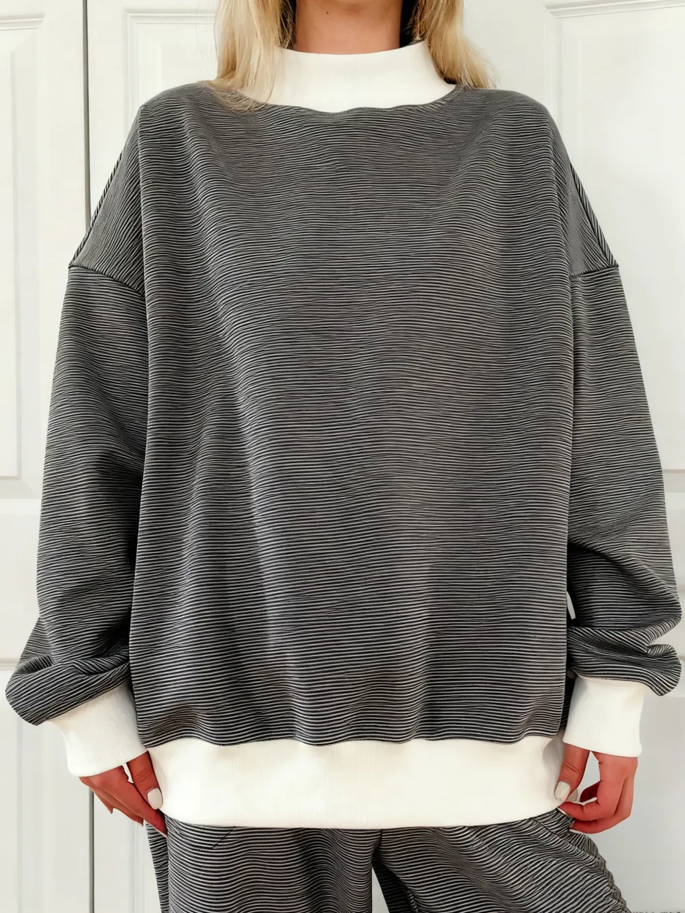 Blue and White Mini Striped Mockneck Sweatshirt