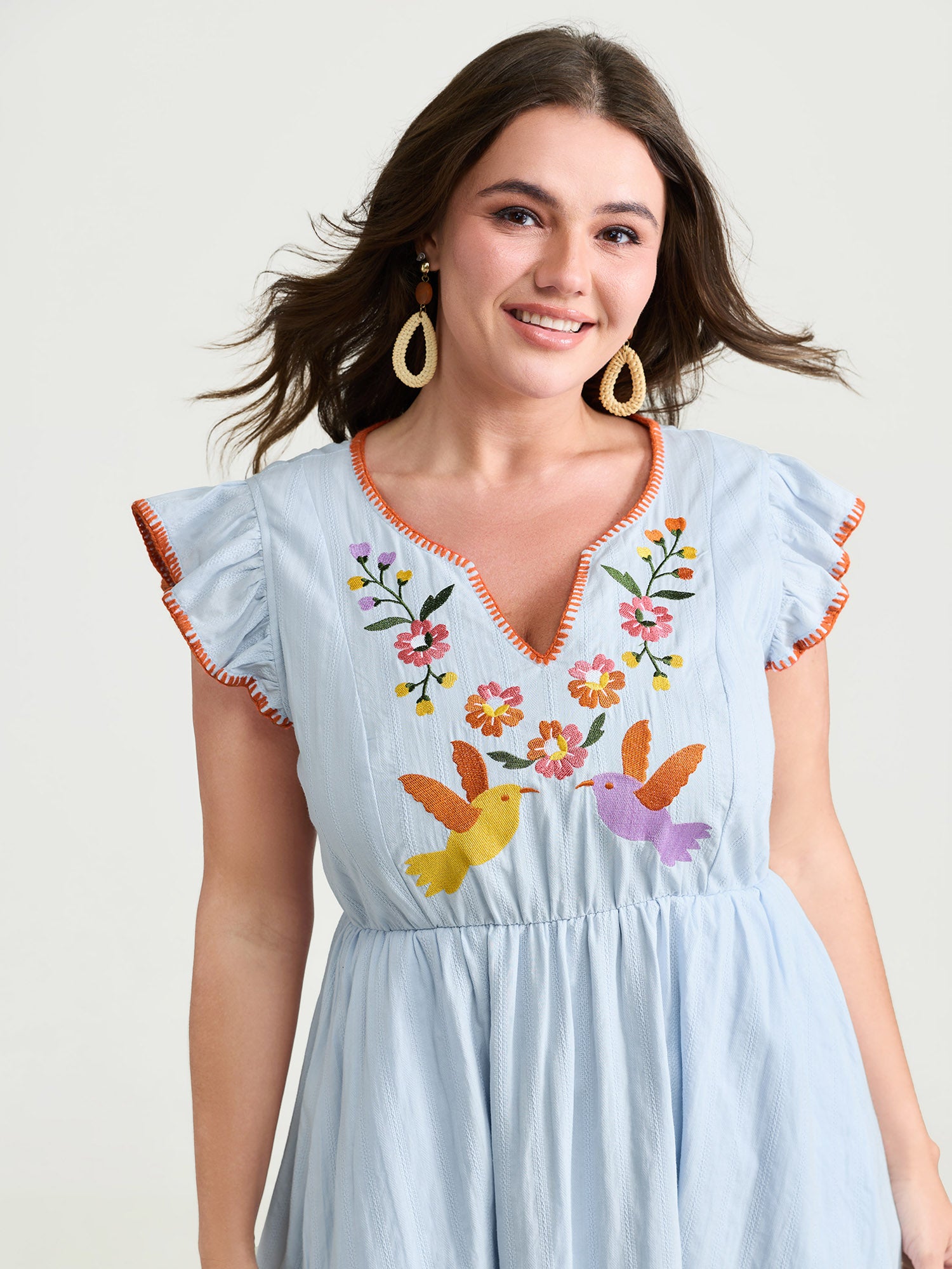 Pure Cotton Embroidered Flutter Sleeve Midi Dress
