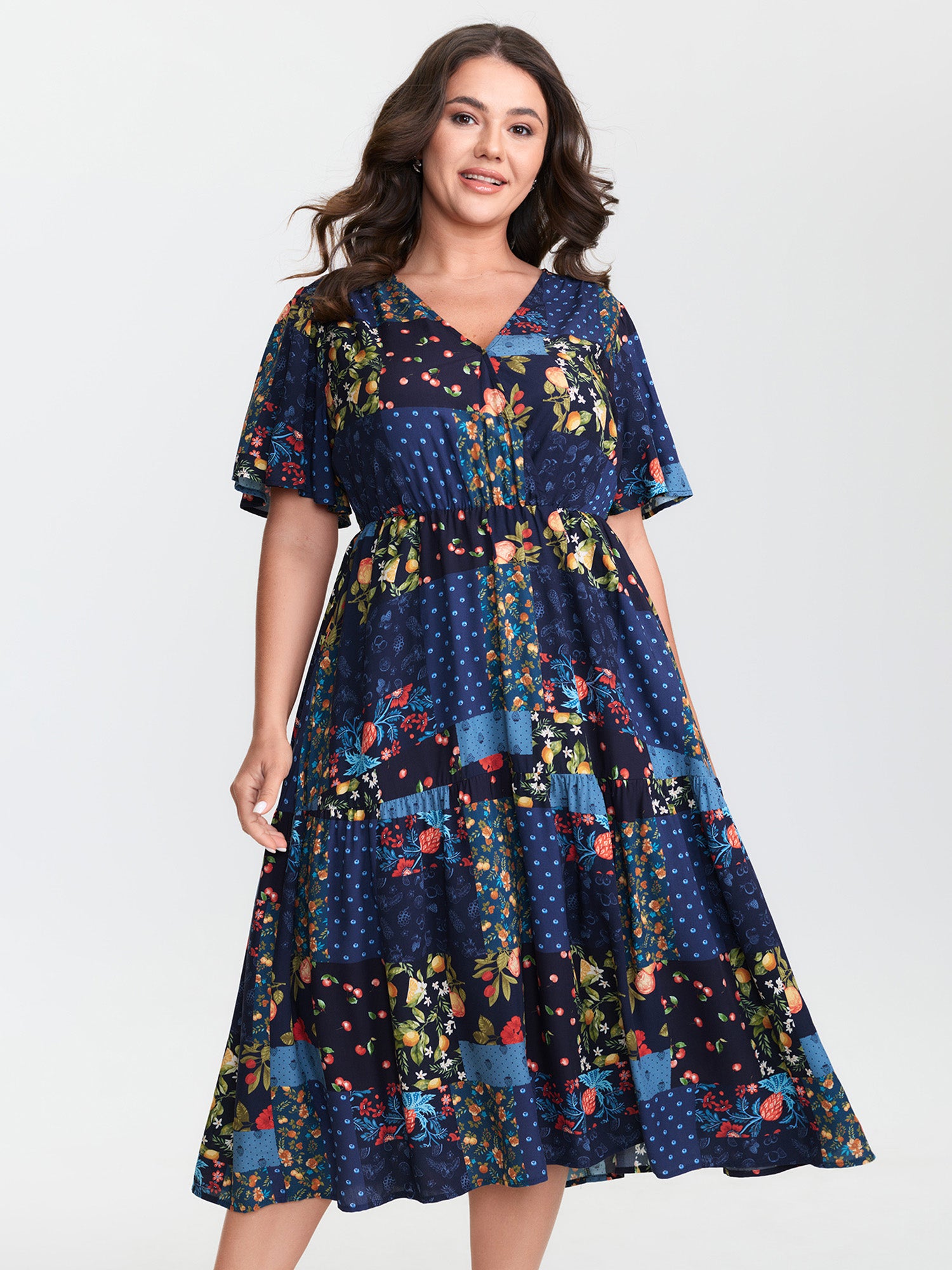 Fruit Collage Print Wrap Neck Midi Dress