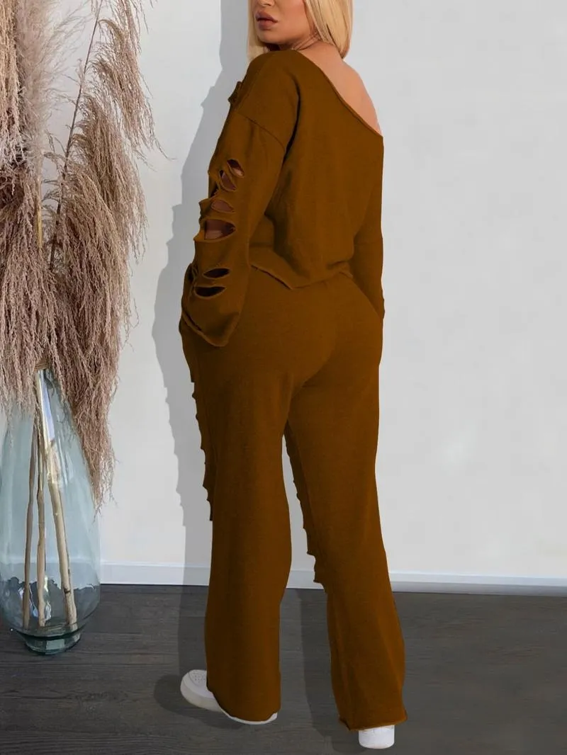 Women's Ripped Asymmetrical Neck Pullover & Wide Leg Pants Set