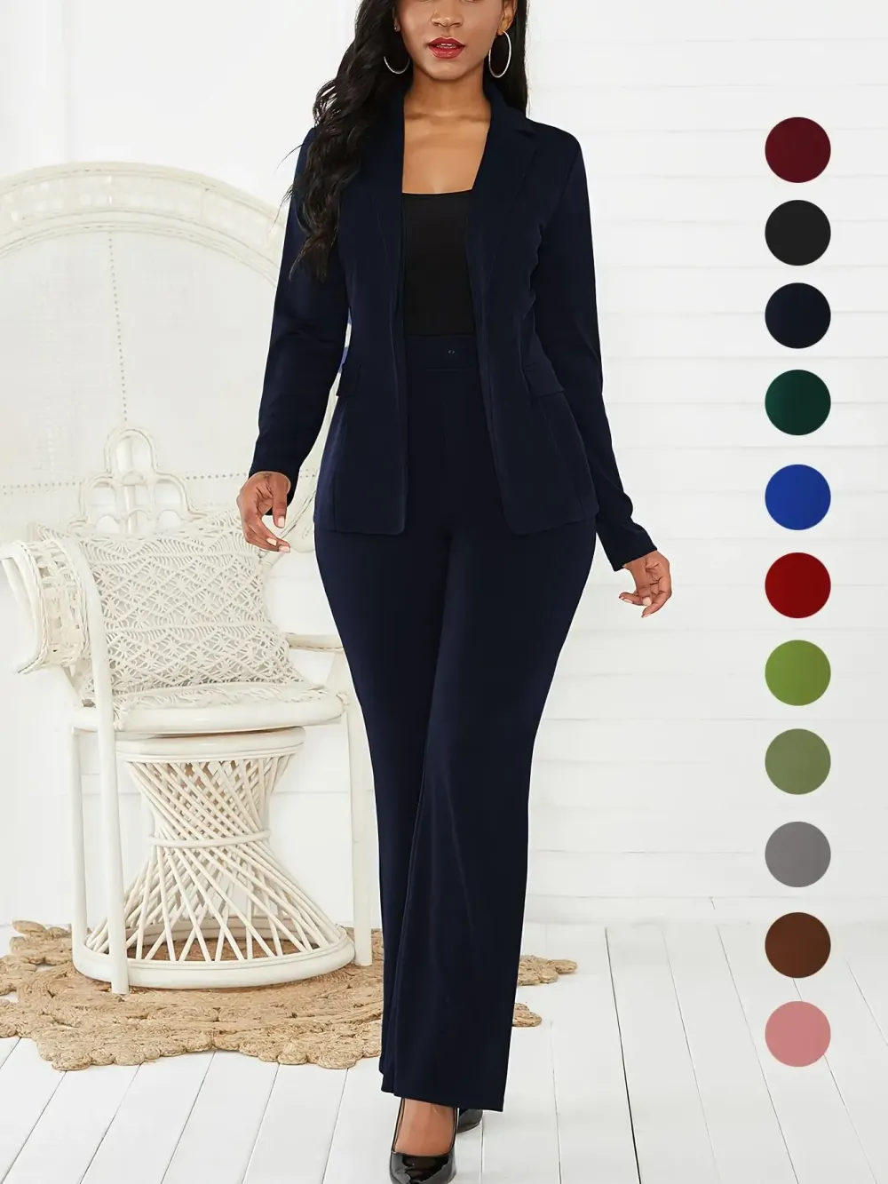 Women's Two-Piece Set Plain Button Lapel Blazer & Suit Pants, Elegant Business Casual Long Sleeve Outerwear