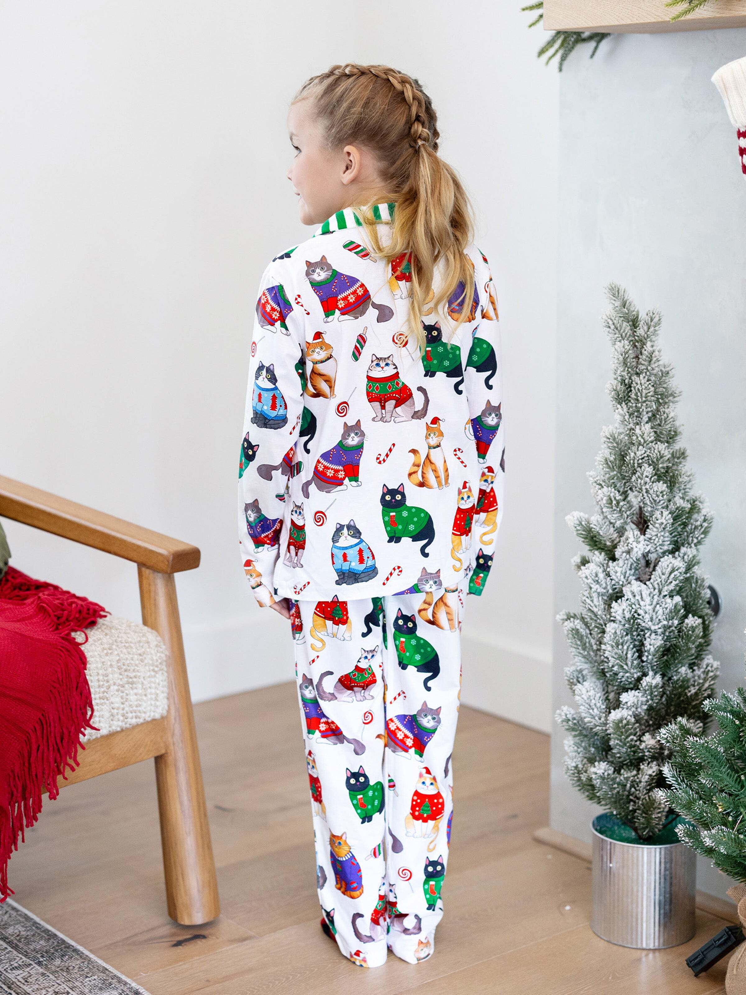 Christmas Matching Family Pajamas Set Christmas Cat Print PJS with Christmas Socks Multi-color