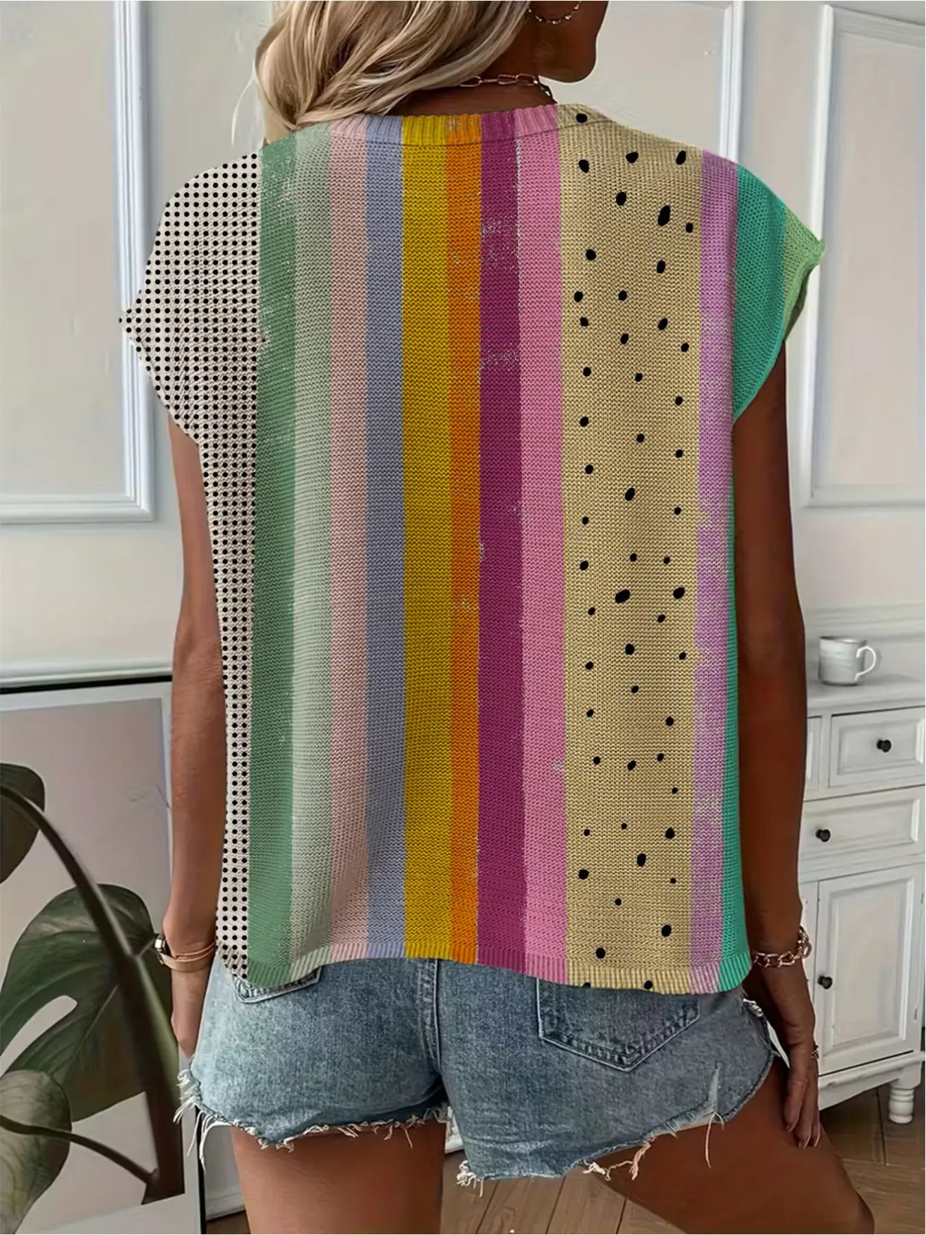 Spring/Summer crew neck drop-shoulder loose fit contrast stripe splicing print short-sleeve women's knit top