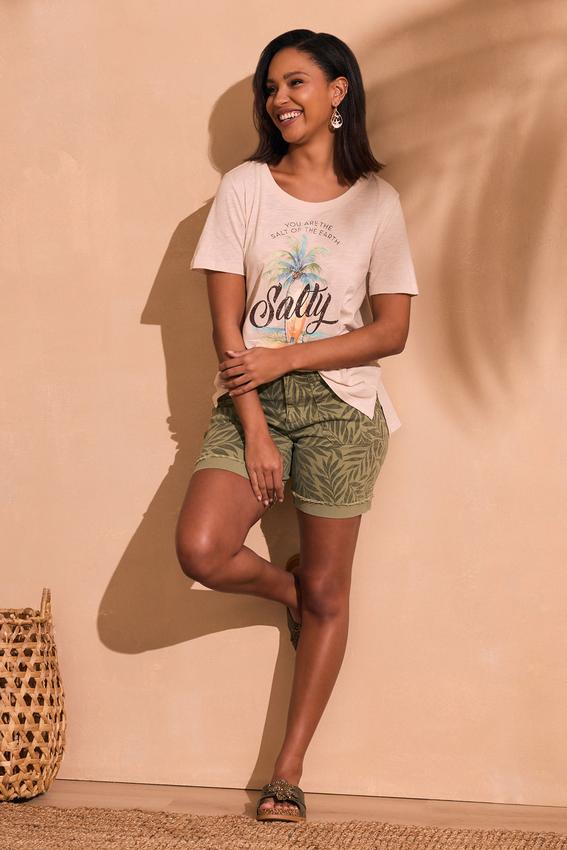 Curvy Palm Print Denim Shorts