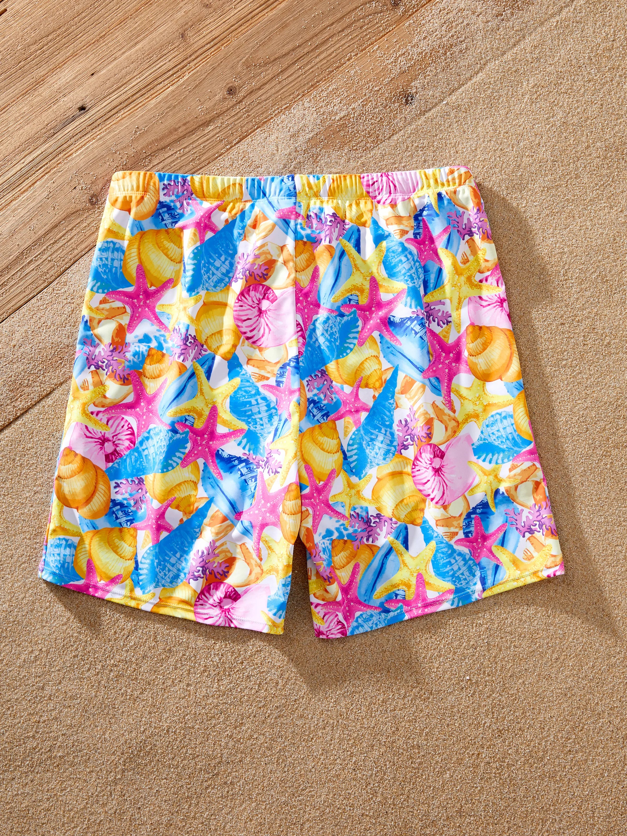 Family Matching Seashell & Starfish Print Swimsuits Ruched One-Piece & Swim Trunks Set Multi-color