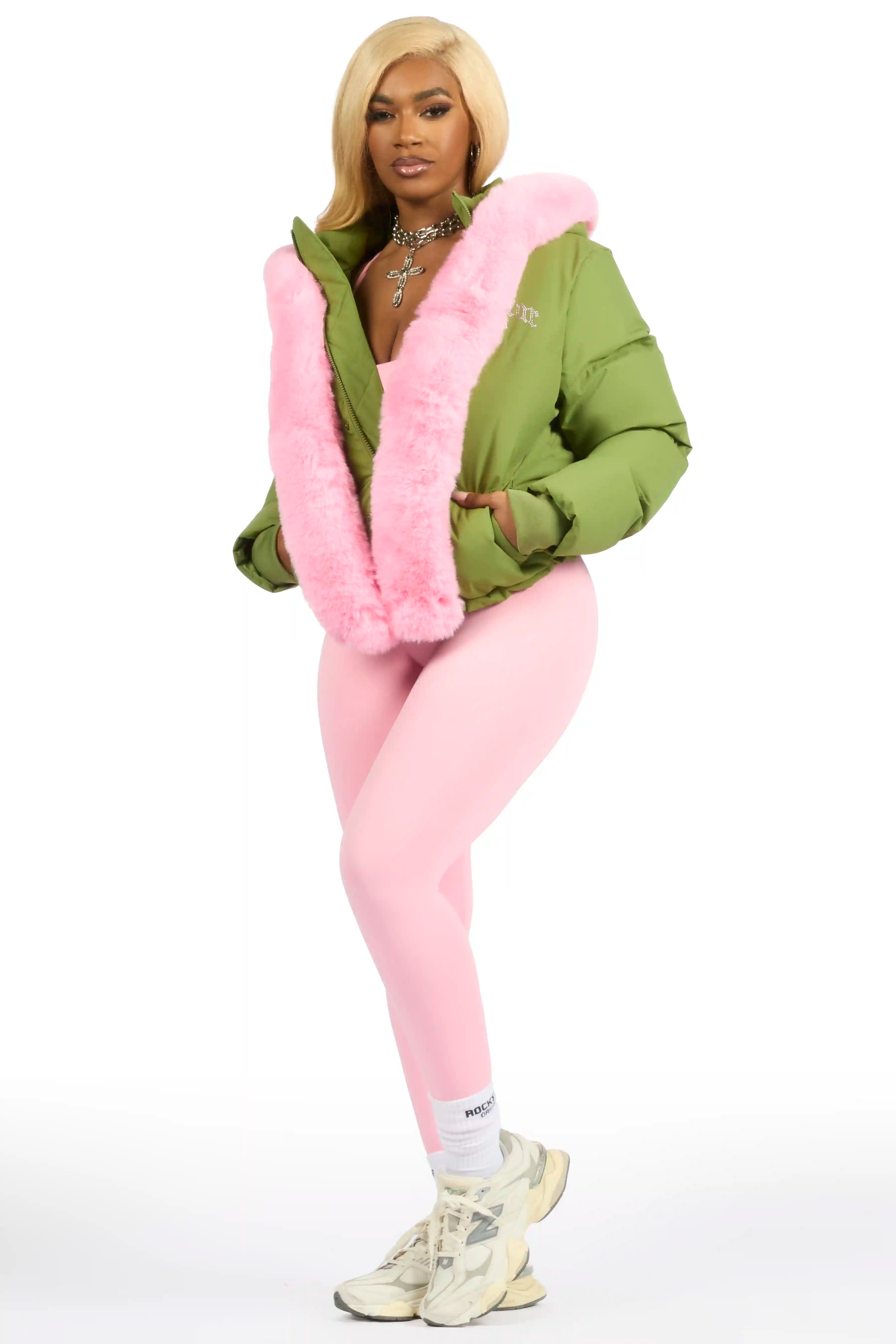 Dontaisha Olive Puffer Jacket With Fur Trim