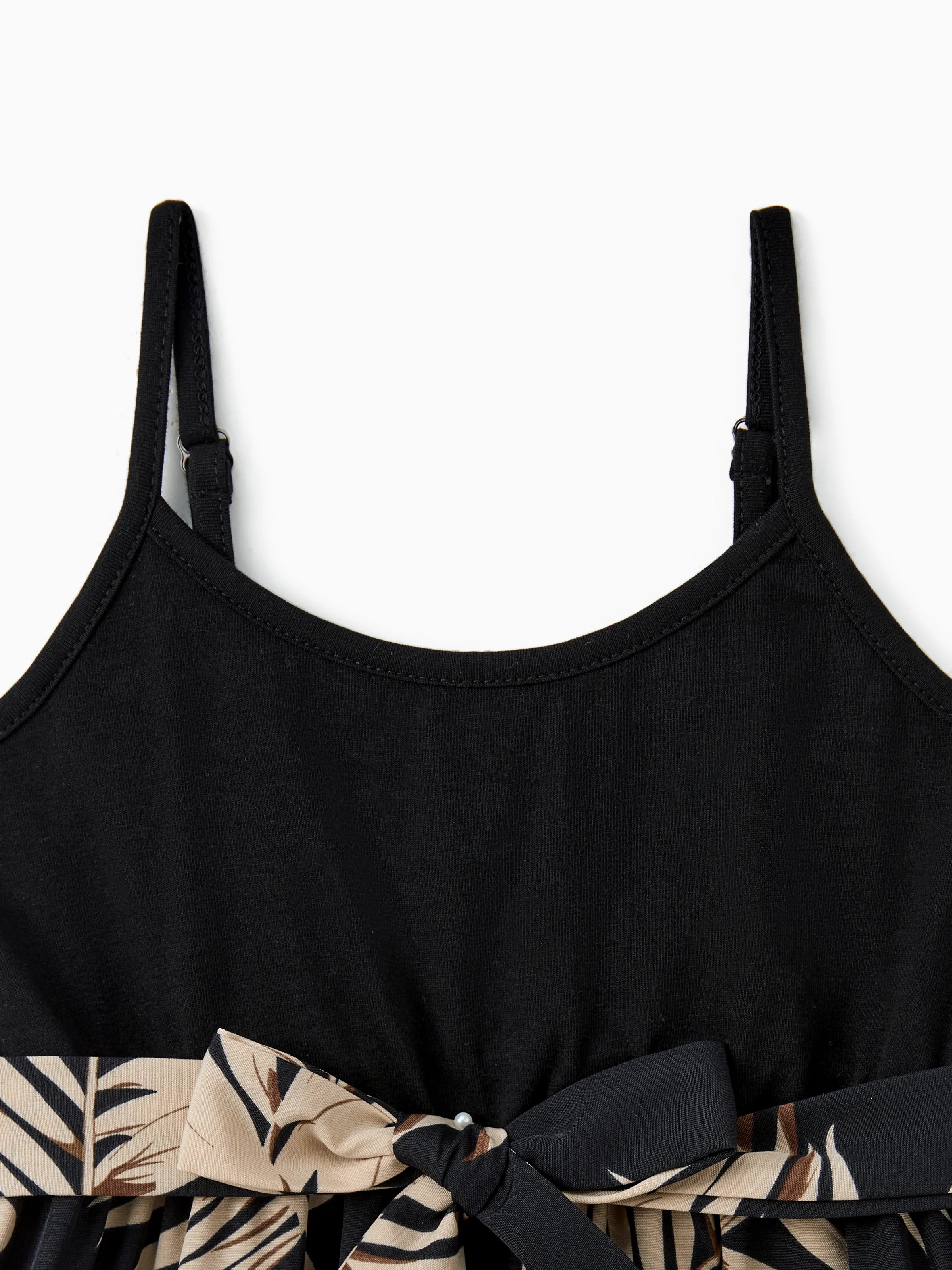 Mommy and Me Family Matching Floral Print Belted Cami Dresses And Solid Short Sleeve Tops Sets Black