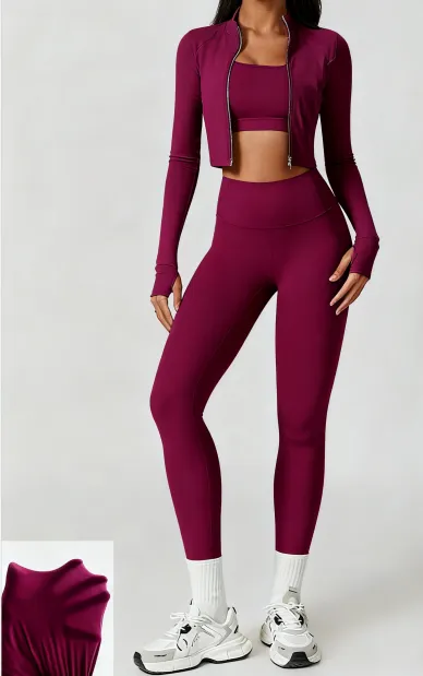 Women's Solid Criss Top & High Waist Leggings & Jacket Set