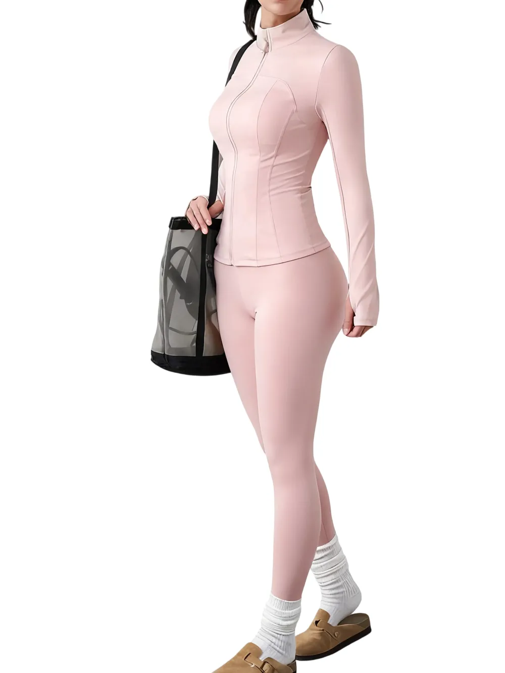 Women's Solid Zip Up Jacket & High Waist Leggings Tracksuit Set