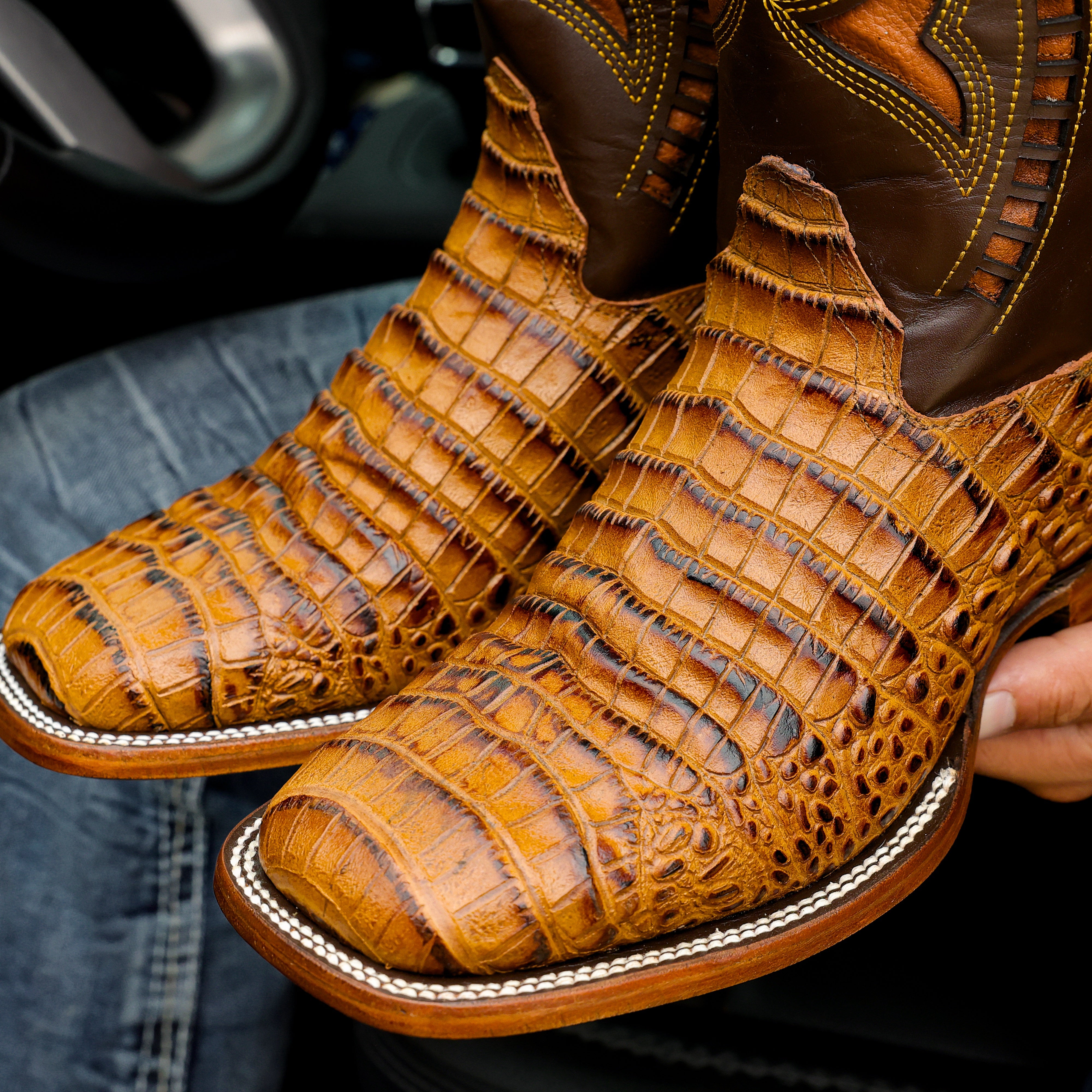 Honey Caiman Belly Leather Boots - Square Toe