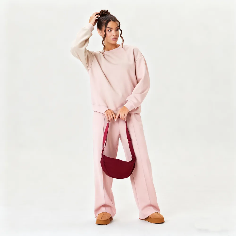 Women's Casual Solid Color Loose Long Sleeve Top & Exposed Stitches Trousers Co-ord