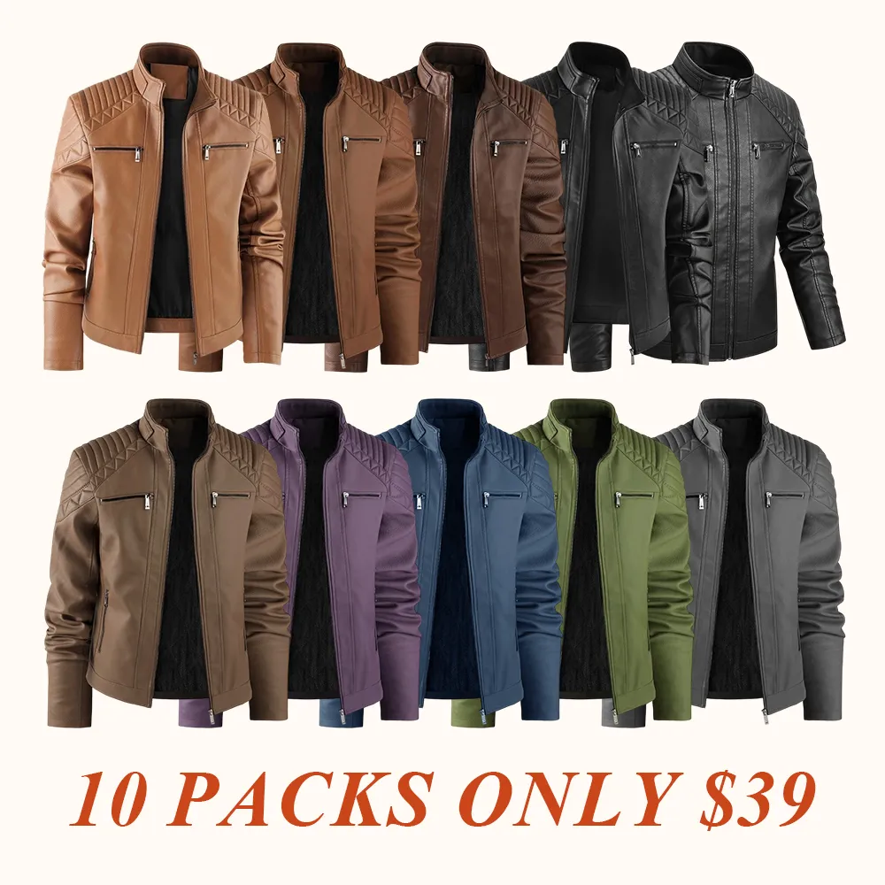 Men's Windproof Leather Jacket with Zipper Closure Solid Color Sport Style Pilot Motorcycle Model Multi