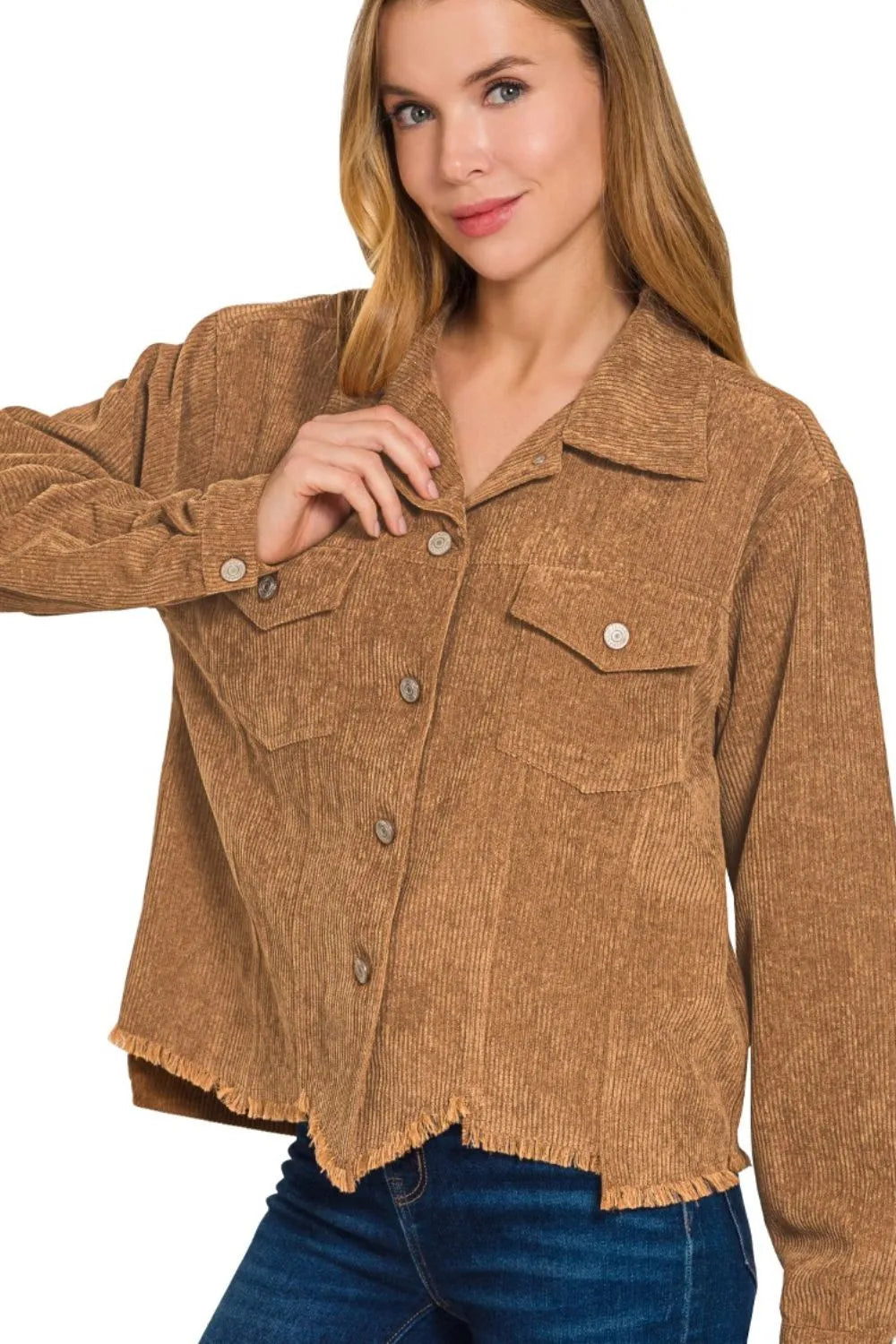 Distressed Corduroy Frayed Hem Cropped Jacket