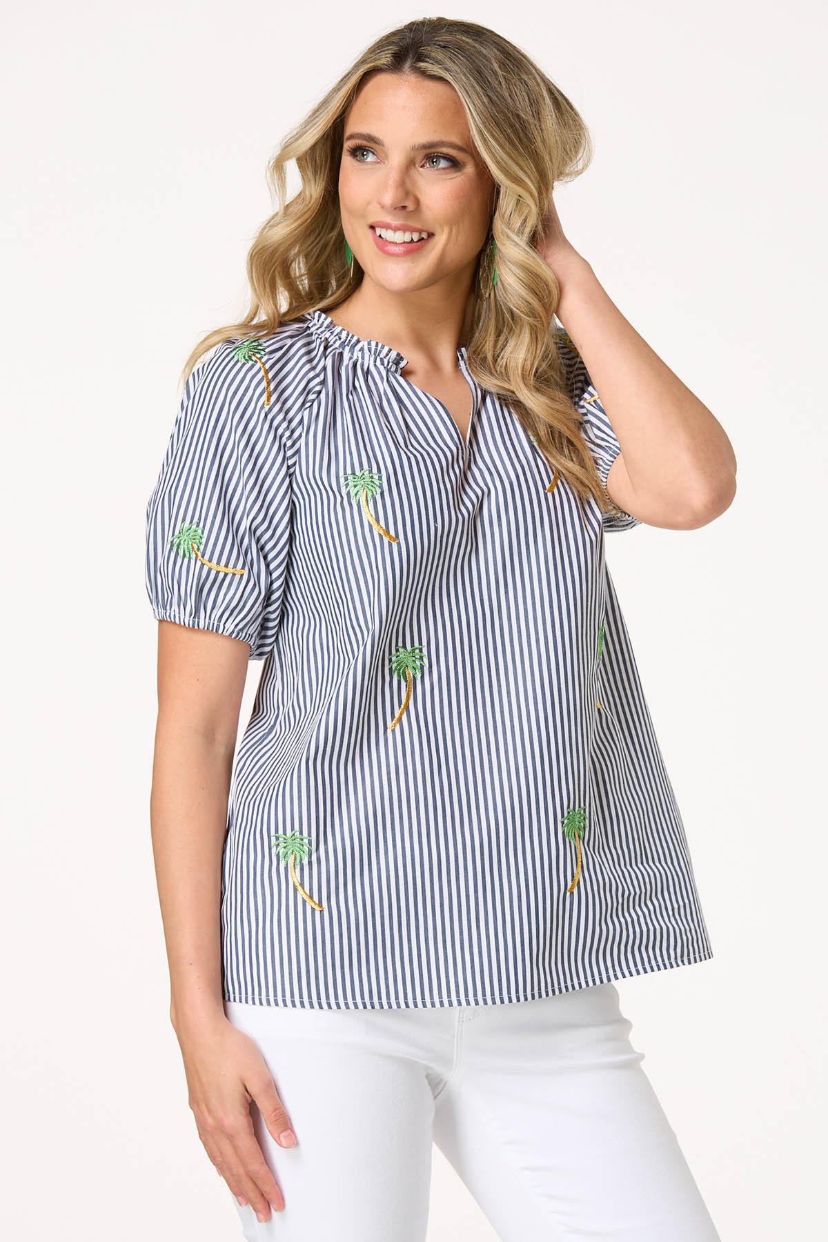 Stripe Embroidered Palm Tree Top