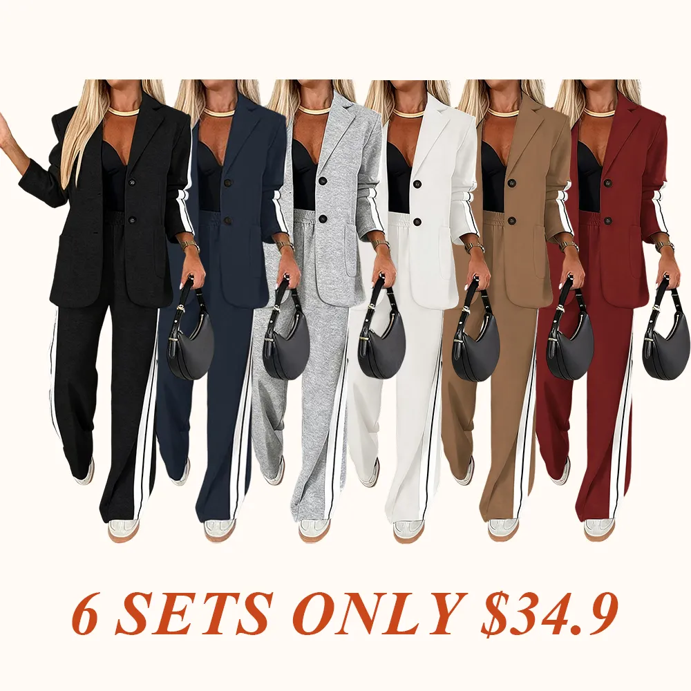 Women's Striped Print Blazer Jacket & Wide Leg Pants Set