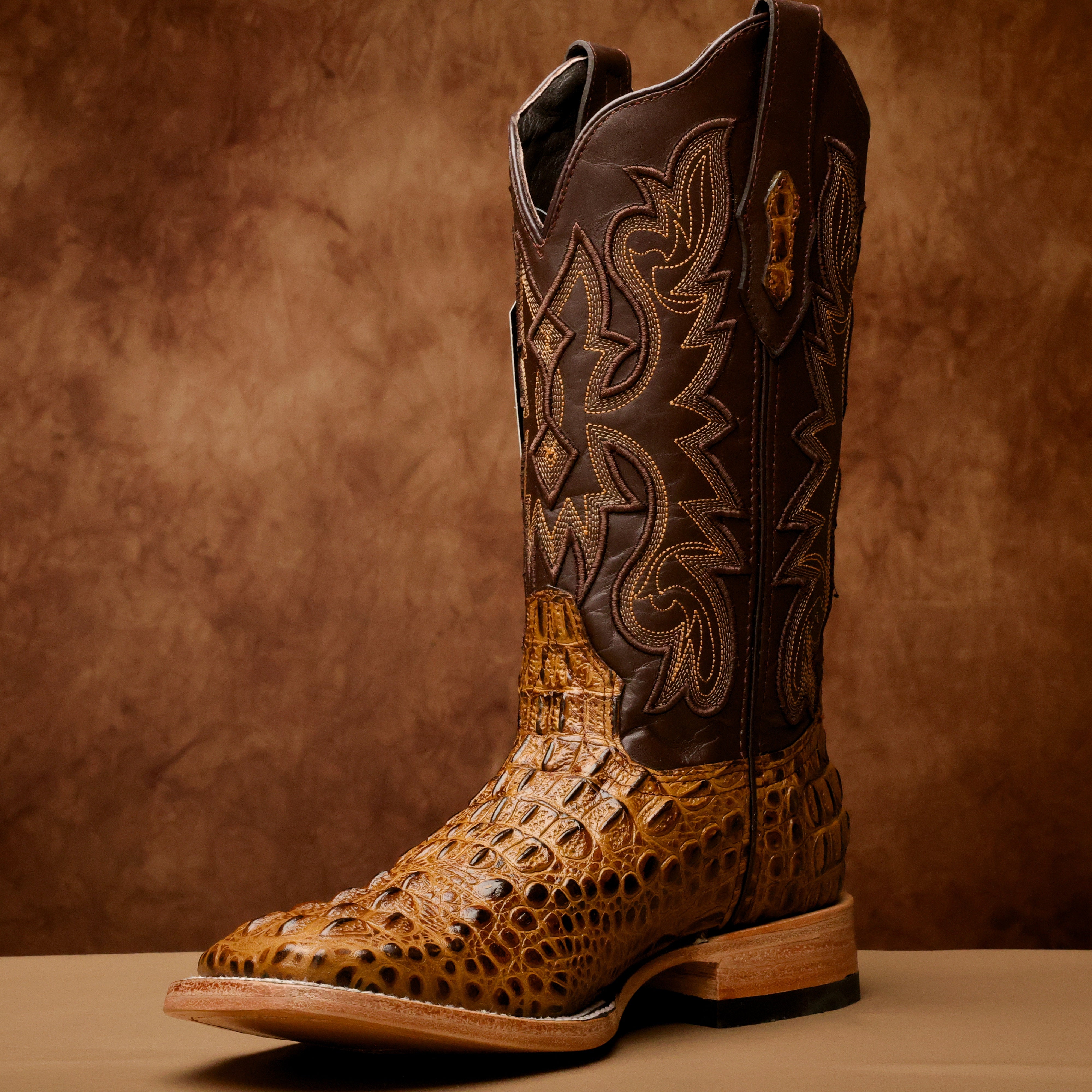 Honey Caiman Neck Leather Boots - Square Toe