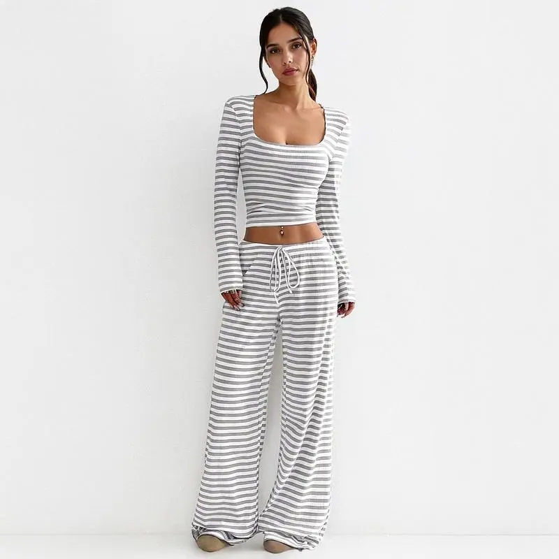 Women's Stripe Square Neck Long Sleeve Crop Top & Wide Leg Trousers Set