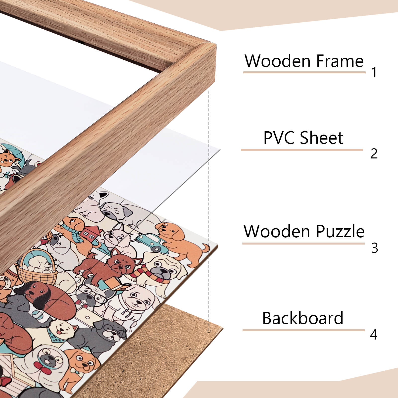 195 Pcs Morandi-Colored Cute Dog Shaped Square Wooden Jigsaw Puzzle