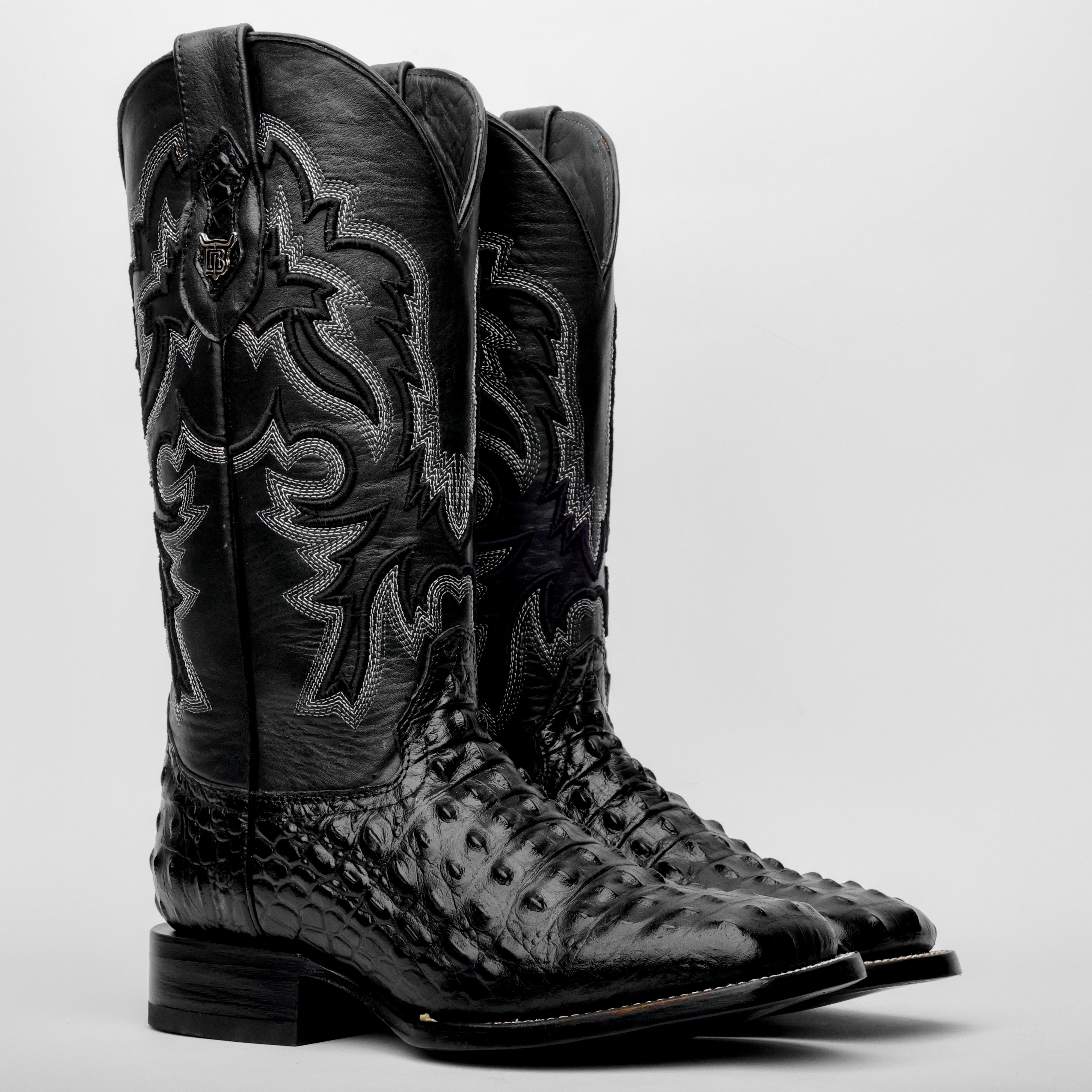 Black Caiman Hornback Leather Boots - Square Toe