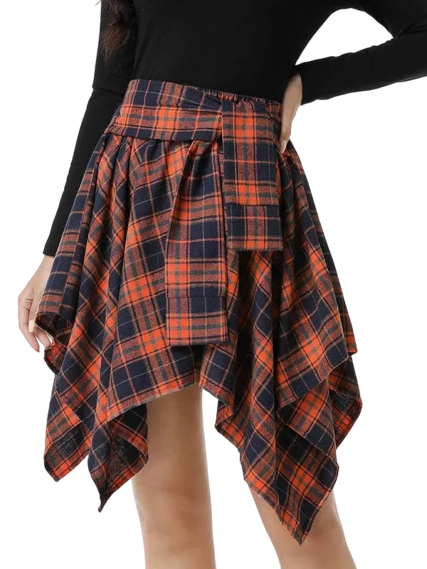 Women's Fashion Plaid Print Asymmetrical Hem High Waisted Skirt