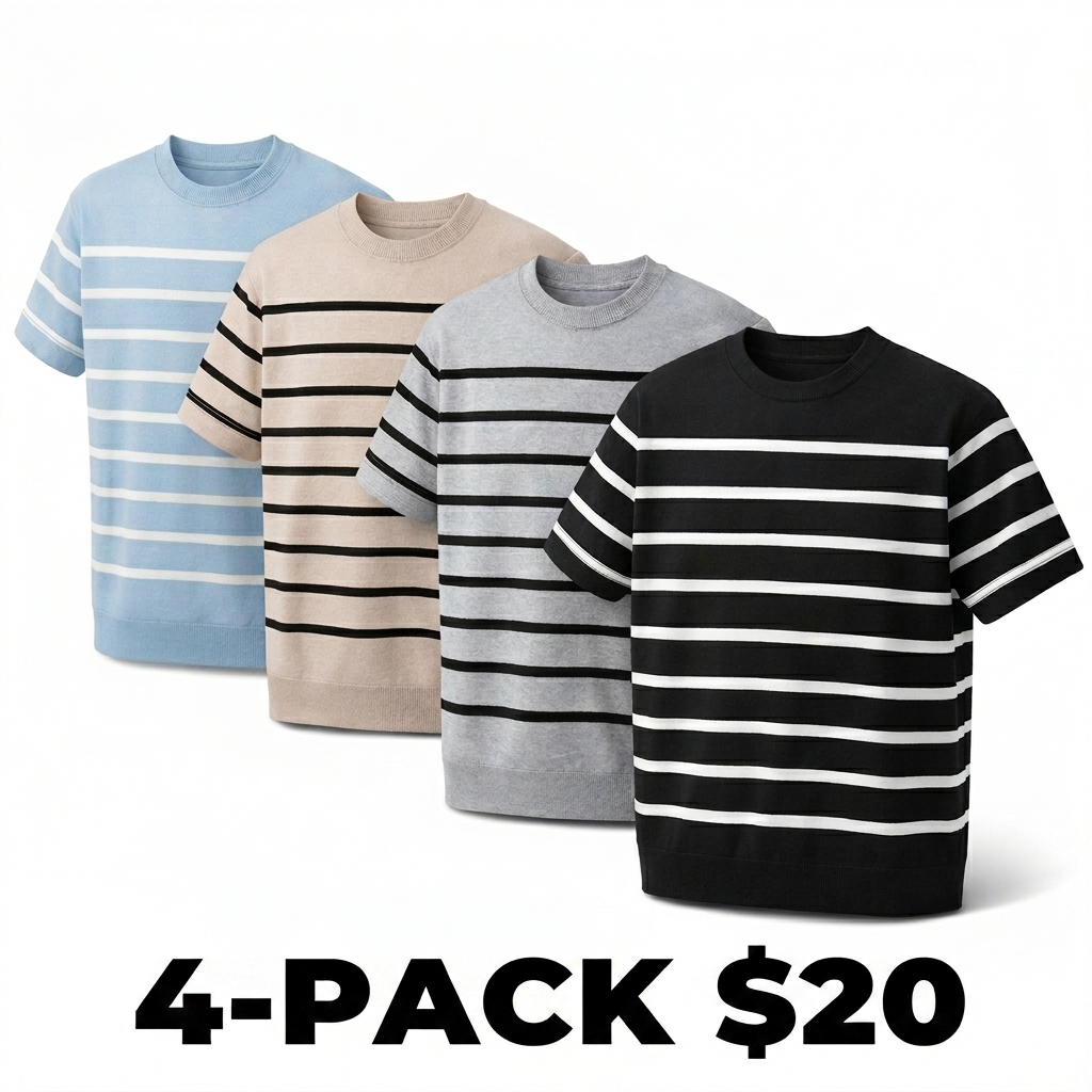 Unisex Retro Striped Knitted T-Shirt – Vintage Crew Neck Summer Basic