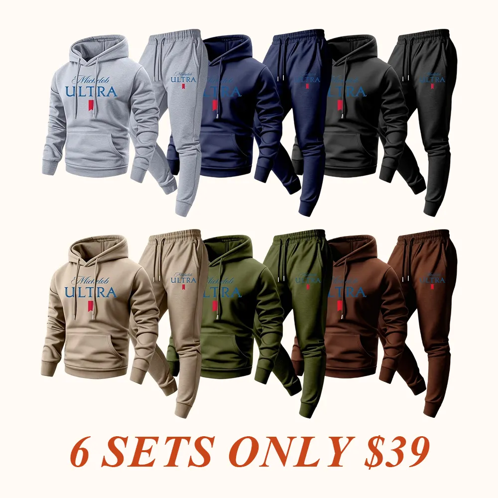 Men's vintage print hooded sweatshirt and drawstring sweatpants set, men's clothing