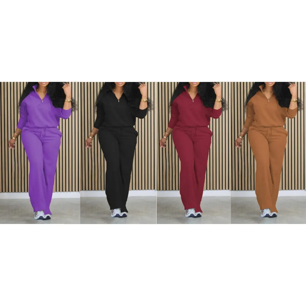Women's Solid Half Placket Split Hem Pants Set
