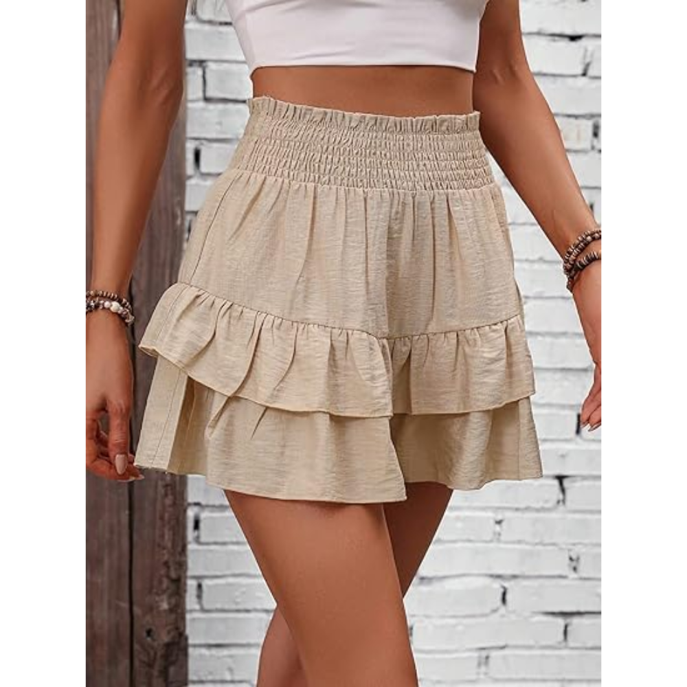✨Women's Frill Trim Ruffle Hem Shirred High Waist Shorts, Boho Casual Tiered Layer Shorts🩳