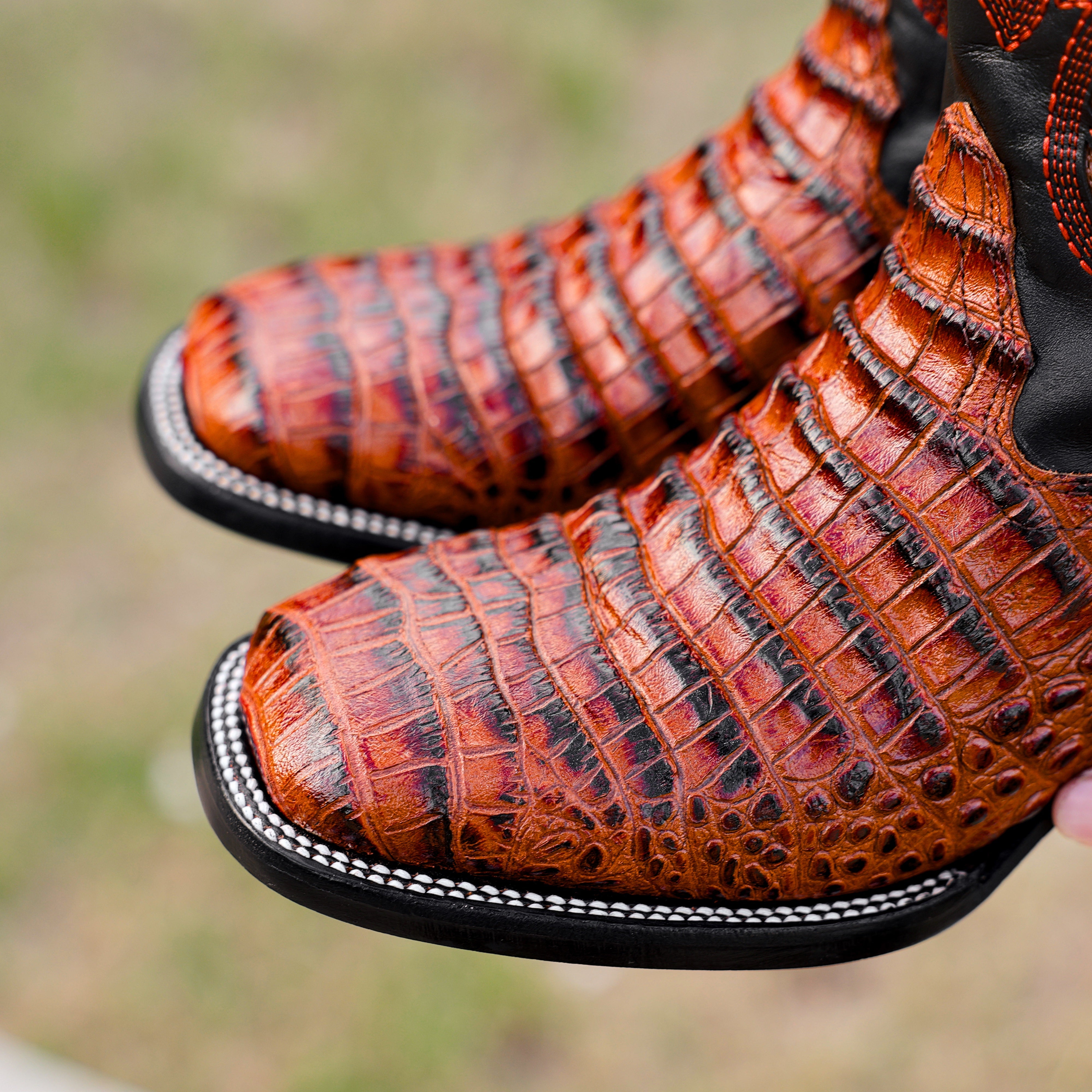Cognac Caiman Belly Leather Boots - Square Toe
