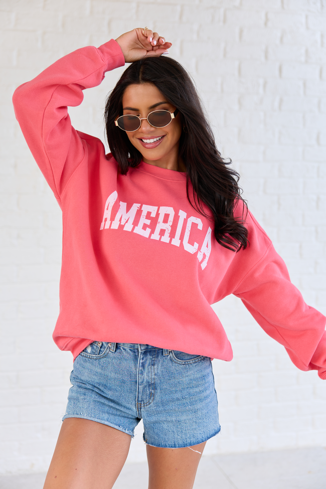 America Distressed Light Red Graphic Sweatshirt