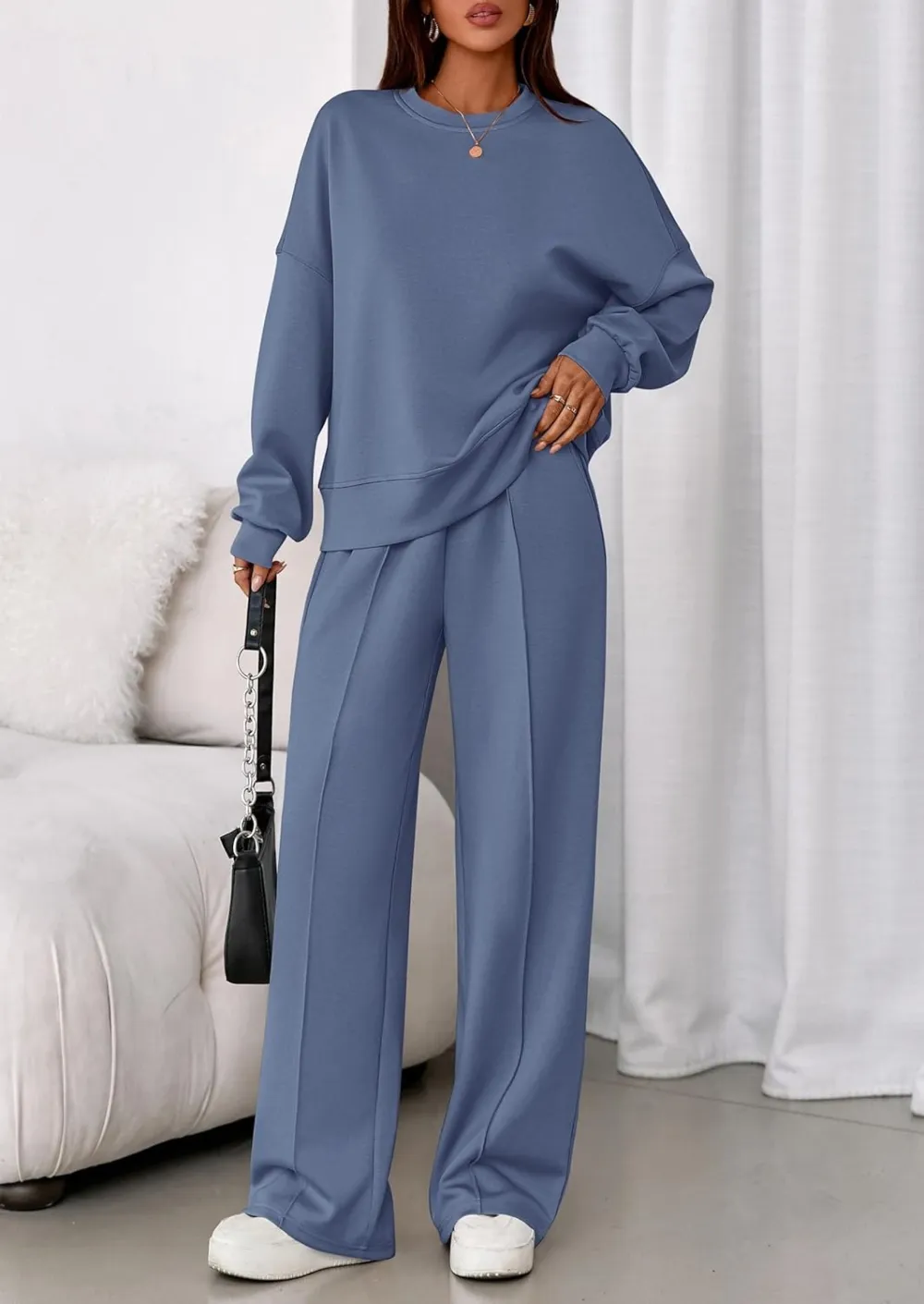 2 Piece Sets For Women Fall Trendy Long Sleeve Sweatshirt Wide Leg Pants Loungewear Set