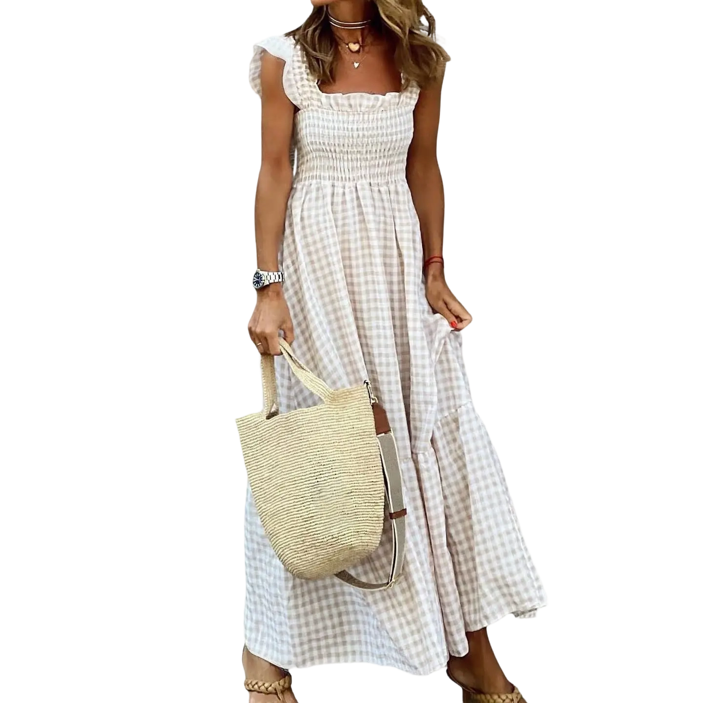 Women's retro plaid pleated sundress with ruffles