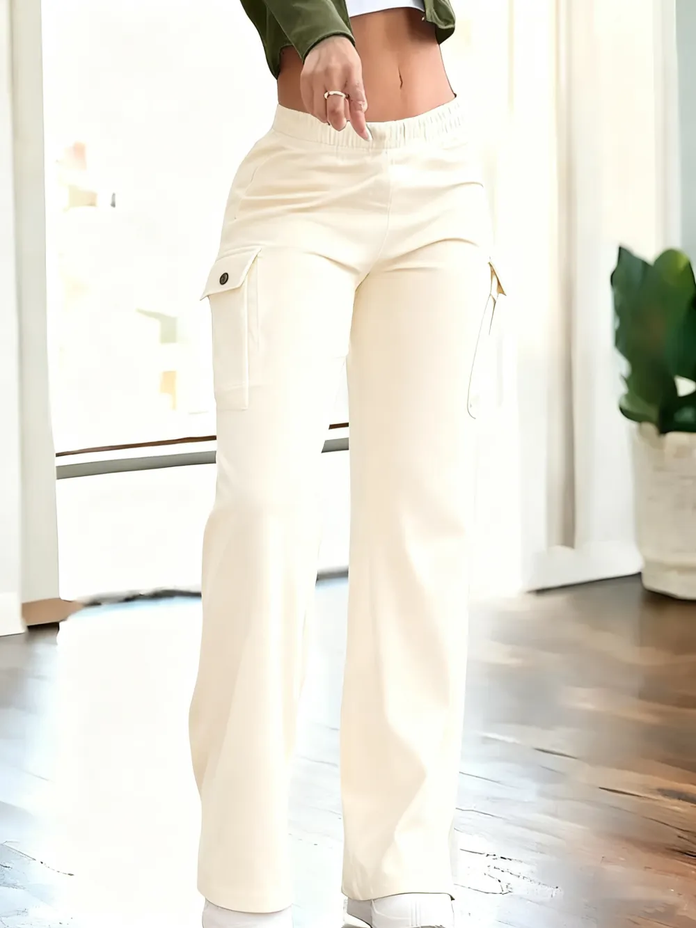 Women's Solid Color Flap Pocket Pants