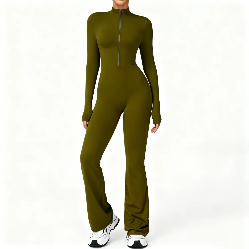 Women's Long Sleeve Flared Sports Jumpsuit - Zipper Jumpsuit