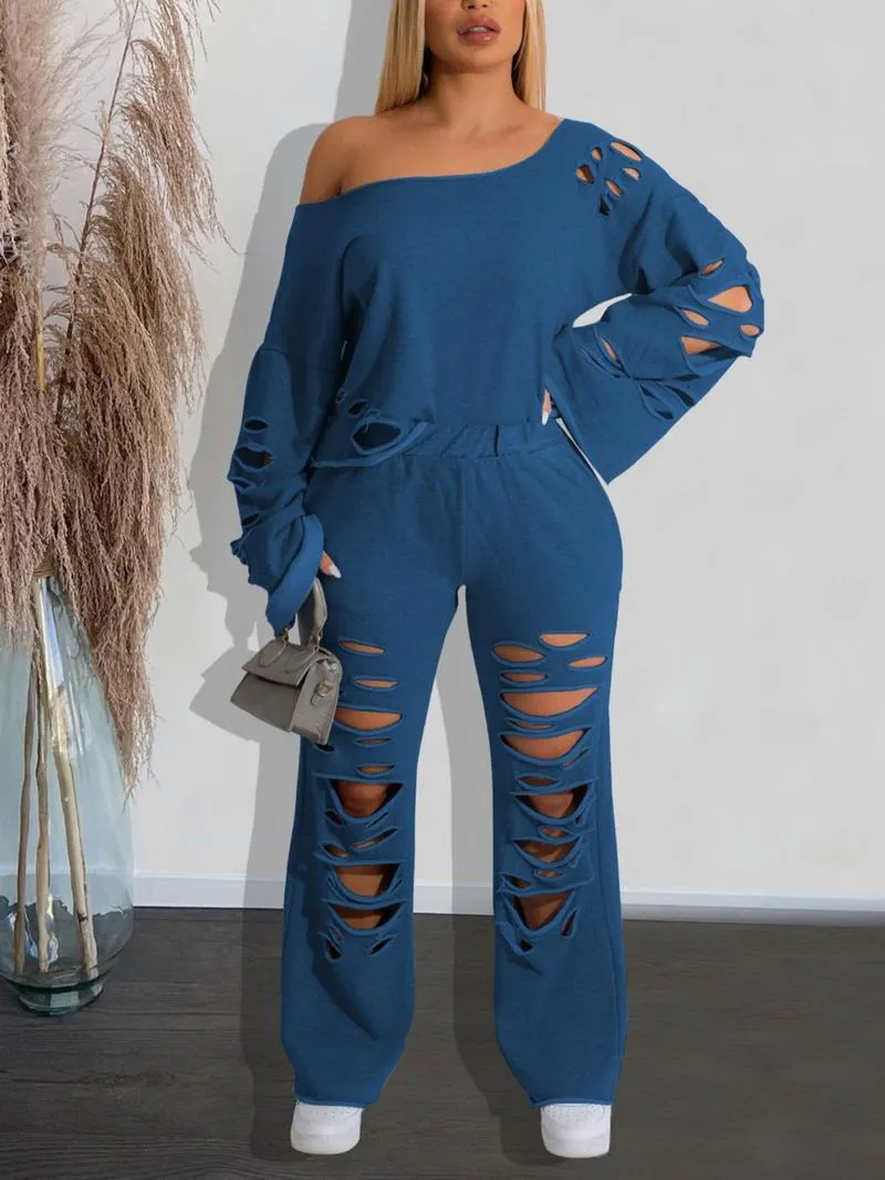 Women's Ripped Asymmetrical Neck Pullover & Wide Leg Pants Set