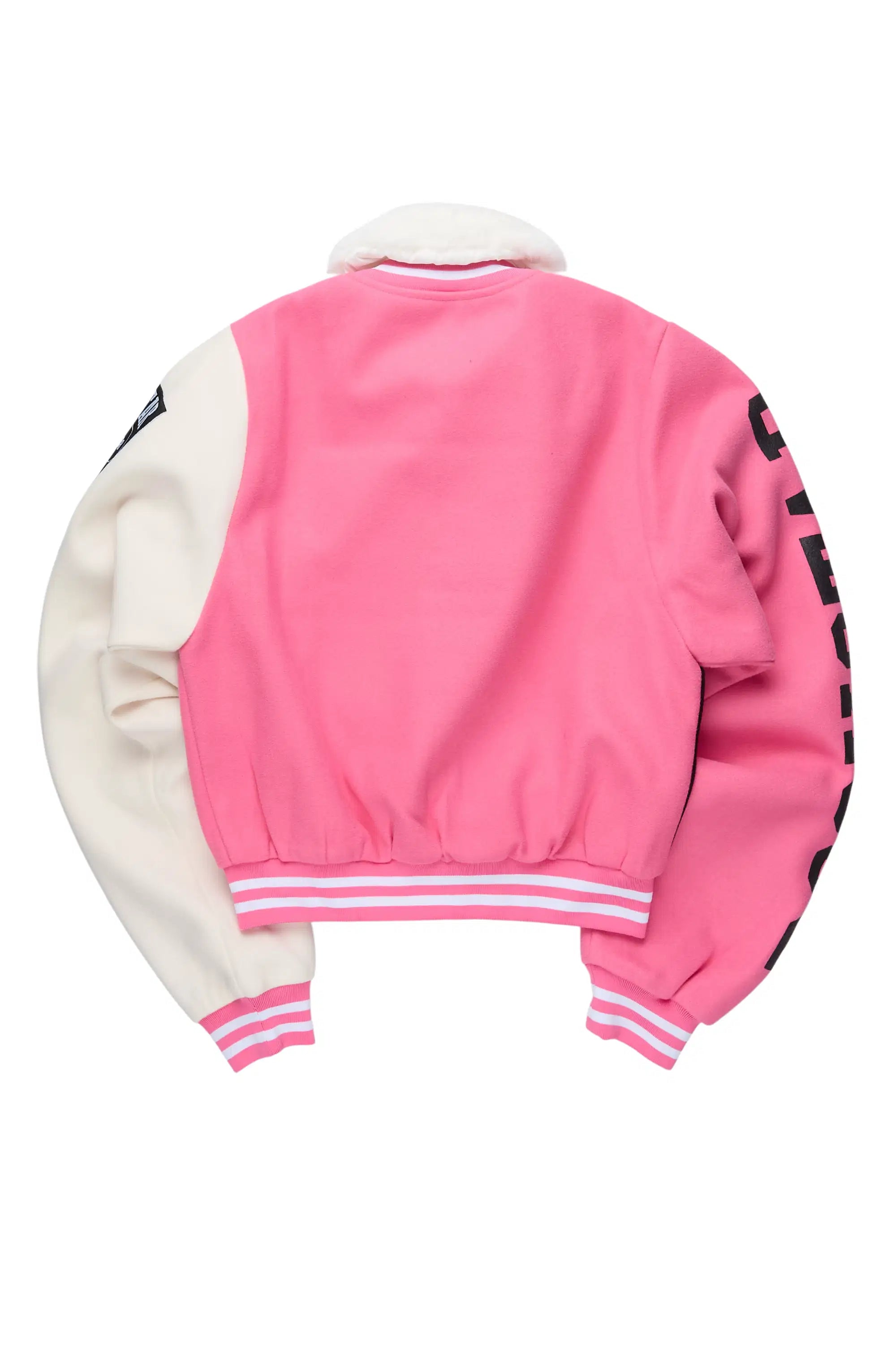 Kisha Pink/Black/White Fur Collar Varsity Jacket