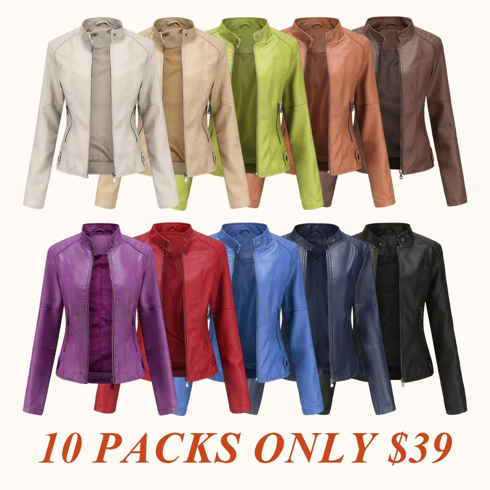 Women's Slim Fit Faux Leather Jacket Stand Collar Motorcycle Style Spring Autumn