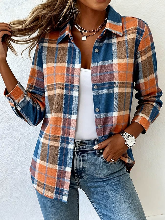 Women's Casual Contrast Plaid Print Shirt