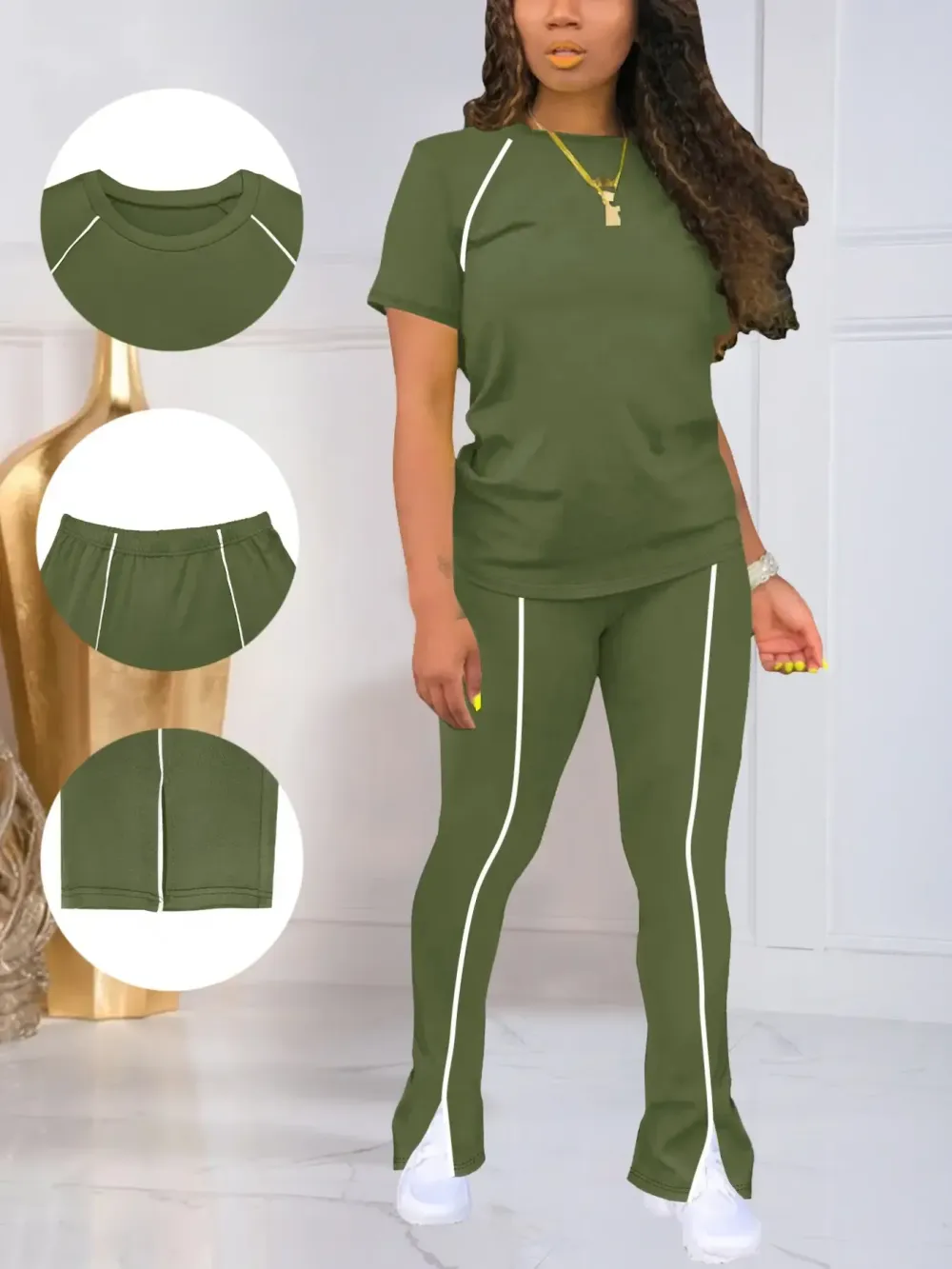 Women's Summer Round Neck Short Sleeve Fitted Pants Set Outfit, Classic Solid Color Casual Wear Lightweight Clothes