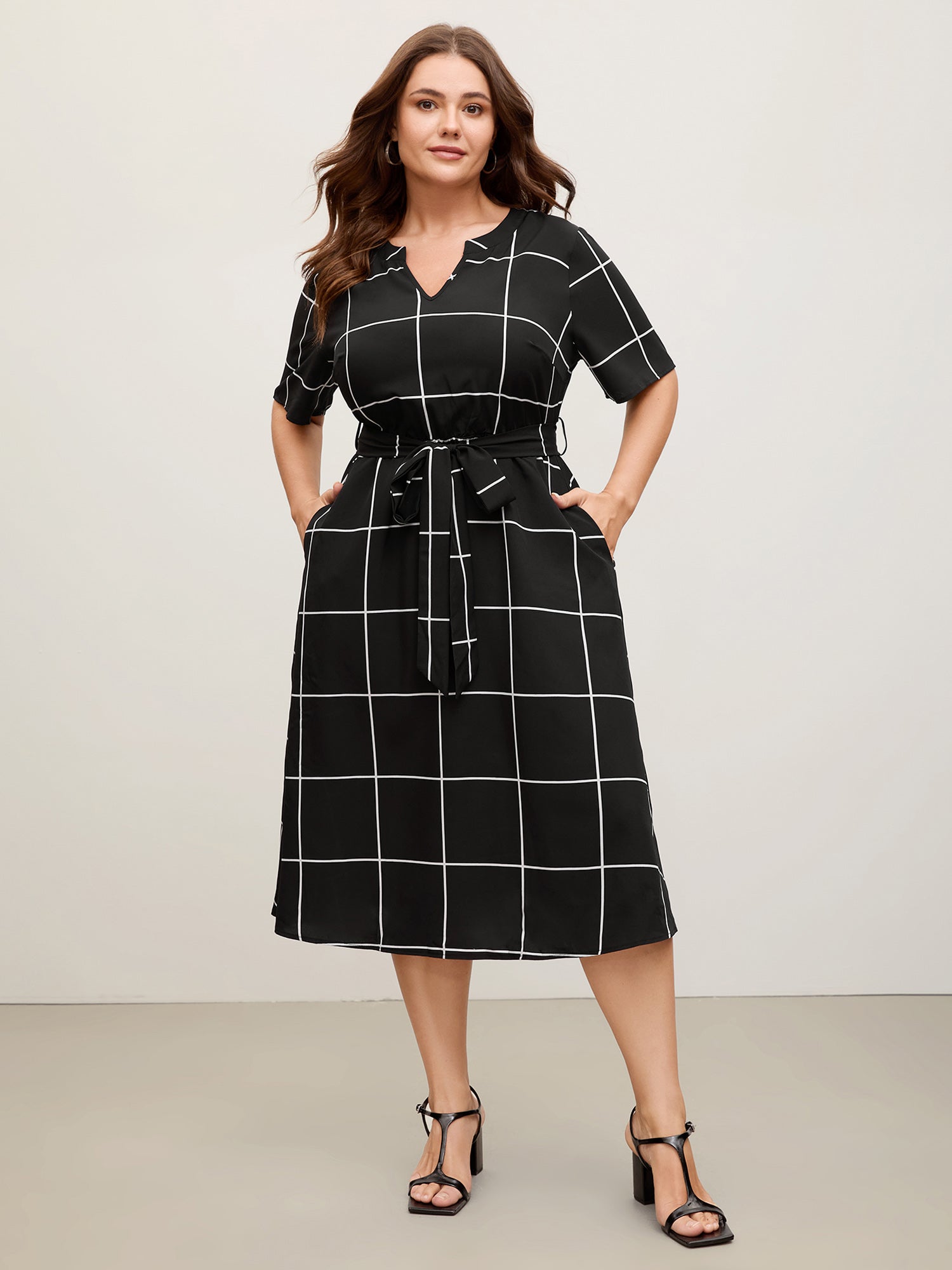 Checkered Print Belted Pockets Midi Dress