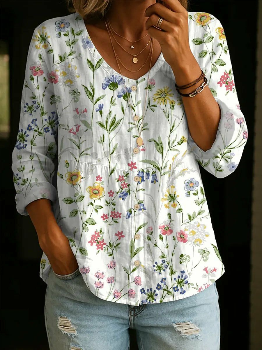 Women's Elegant Floral Decorative Pattern Linen And Cotton Shirt