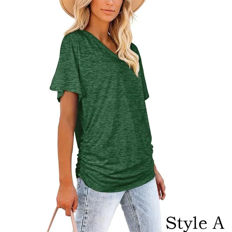 Womens Short Sleeve V Neck Dolman Tops with Side Shirring Loose Fit Shirts