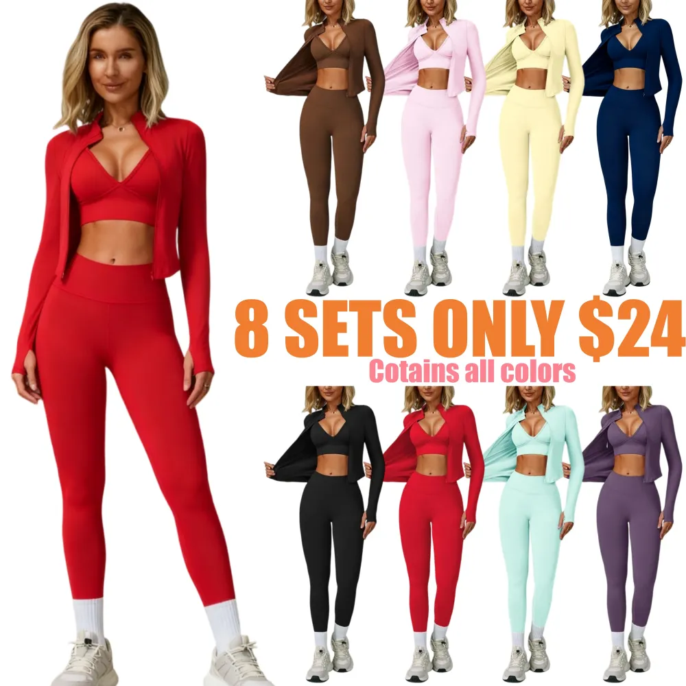 Women Quick-Dry Running Yoga 3-Piece Jacket Leggings Set