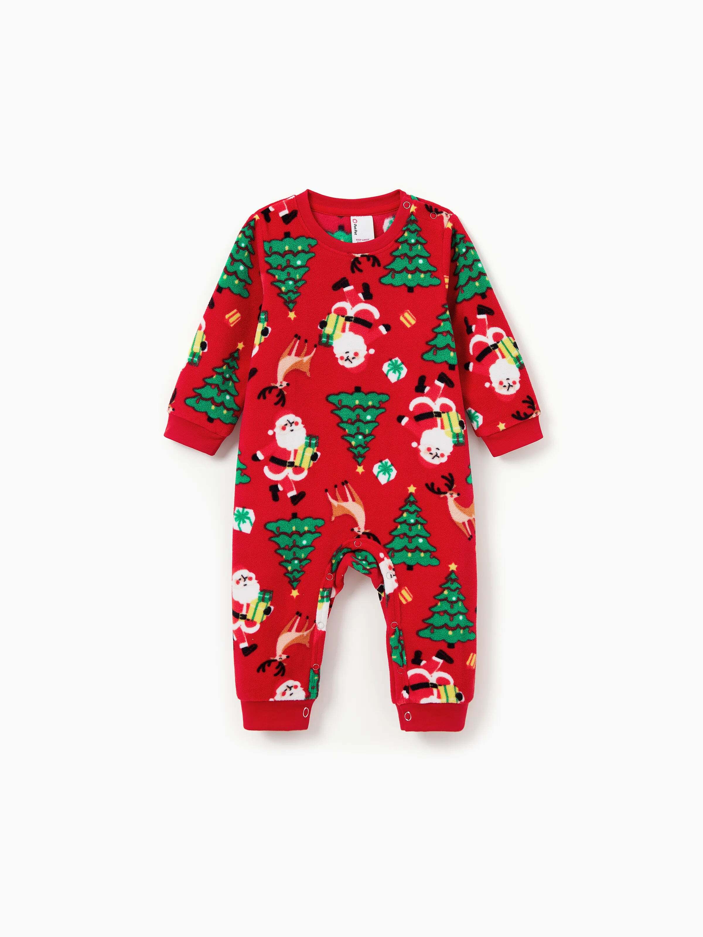 Christmas Matching Family Pajamas Set Santa Claus and Christmas Tree Print Red Fleece PJS with Christmas Socks Red