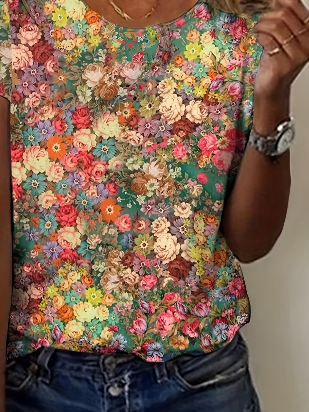 Women's Short Sleeve T-shirt Summer As Picture Floral Printing Jersey Crew Neck Daily Going Out Casual Top